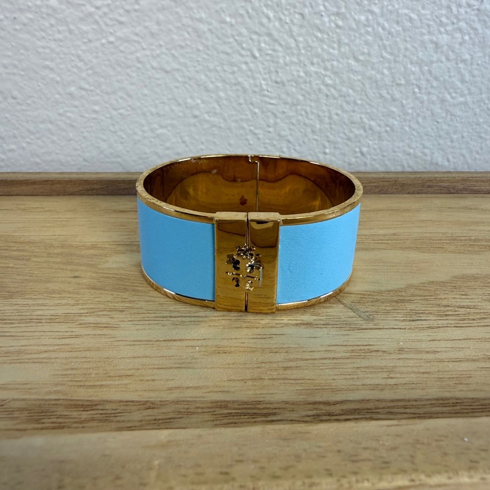 Tory Burch Bangle Bracelet Womens OS Blue Gold Leather Logo Hinge Cuff